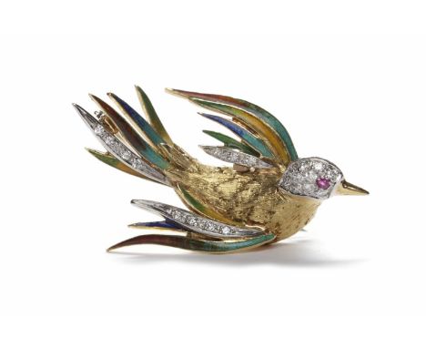 EIGHTEEN CARAT GOLD ENAMEL AND DIAMOND BIRD MOTIF BROOCHwith diamonds to the head and some feathers, with enamel to other fea