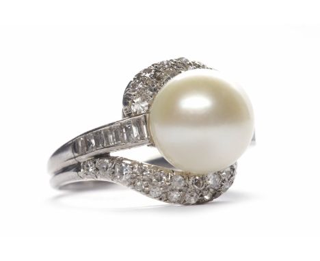 PEARL AND DIAMOND RINGthe central pearl 10.6mm diameter and on a round brilliant and baguette cut diamond set band, in fourte