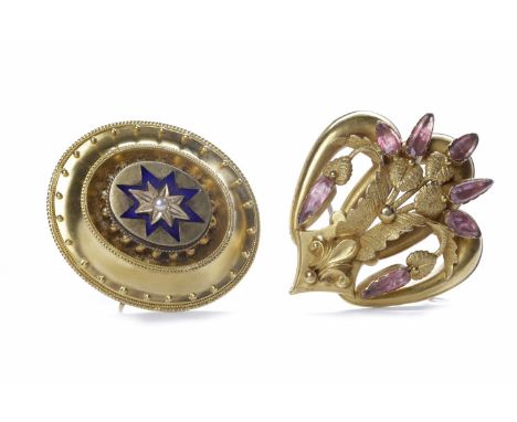 TWO VICTORIAN BROOCHES one of oval form and with a central enamel star set pearl, with applied spheres and ropework border, 4