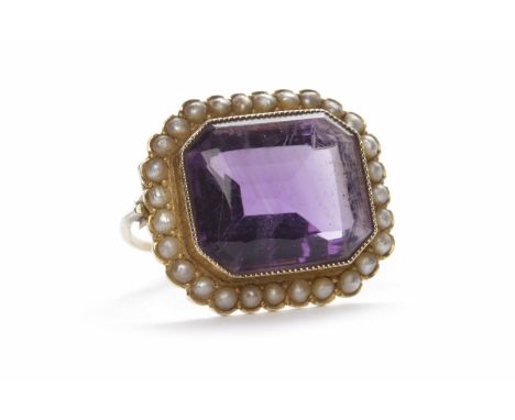 LATE VICTORIAN AMETHYST AND PEARL BROOCHthe octagonal amethyst 18mm across and surrounded by split pearls, unmarked