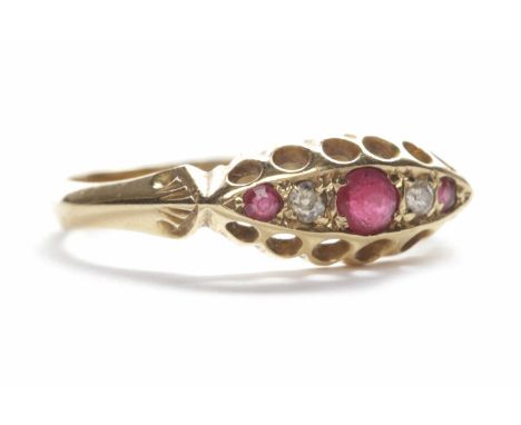 LATE VICTORIAN RUBY AND DIAMOND RINGthe boat shaped bezel set with three round rubies alternated with two diamonds, in eighte