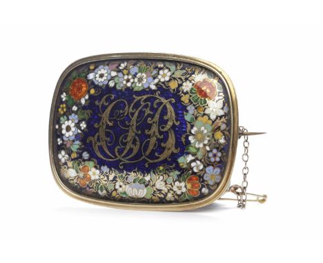 VICTORIAN CHAMPLEVE ENAMEL BROOCHof rounded rectangular form, with central monogram surrounded by floral decoration, with cry