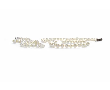 TWO TWENTIETH CENTURY PEARL NECKLACESone with ovoid pearls, with an eighteen carat white gold diamond set clasp, the other wi