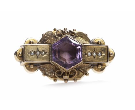 VICTORIAN AMETHYST AND PEARL BROOCHset with a central hexagonal amethyst 13.5mm across flanked by two groups of three split p