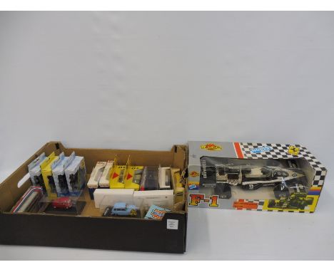 A box of assorted die-cast models, various scales, mostly boxed including Rico, Corgi and Solido.