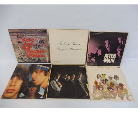 Six Rolling Stones albums, comprising Beggars Banquet, After-Math, Stone Age, Rolling Stones no.1, Metamorphosis and Black an