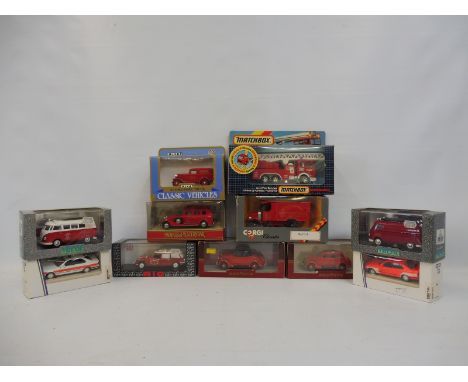 A box of assorted die-cast models, all appear to be emergency response vehicles including a Matchbox Superkings K-132 Fire Te