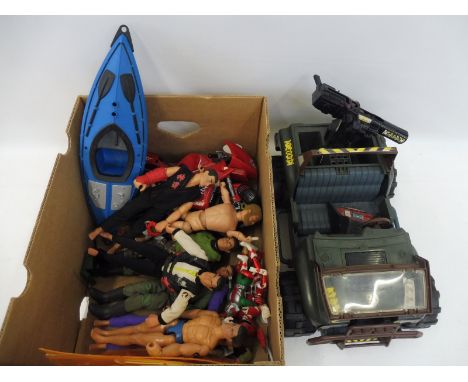 A quantity of Action Man figures and vehicles to include a motorcycle, canoe etc. 