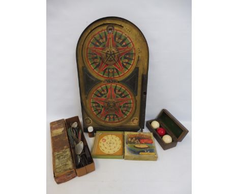 A selection of early games including an early bagatelle table quoits, billiards set etc. 