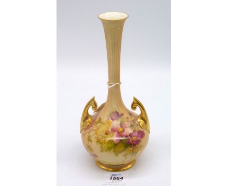 A Royal Worcester Blush Ivory twin handled vase, back stamp 1761, hand painted flowers, date mark for 1912, 10" tall.