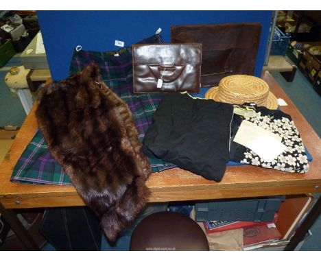 A quantity of miscellanea including leather bags, straw boater, fur stole, ecclesiastical item etc.