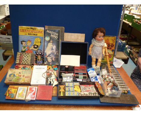 A good quantity of vintage games and toys including Muffin the Mule, board games, Xylophone, Viewer with slides, recorder, et