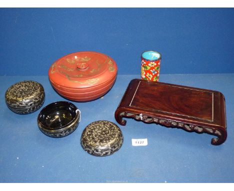 A quantity of miscellanea to include a pair of 19th century papier mache jars and lids decorated in repeat white swirl painti