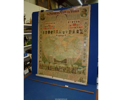 A large 'Pictorial View of the World' on oil cloth by C. W. Bacon, 127 Strand, London (a/f.) and a yard stick.