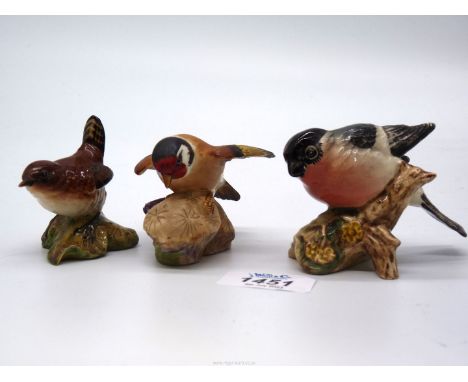 A Beswick Bullfinch and Wren (chip to beak) and a Royal Worcester Goldfinch.