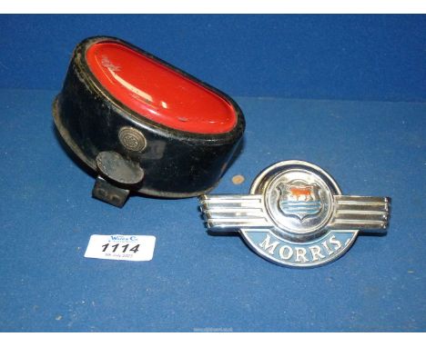 A Chrome Morris car badge 737876, and a 'D' shape vintage car tail light by Butlers.