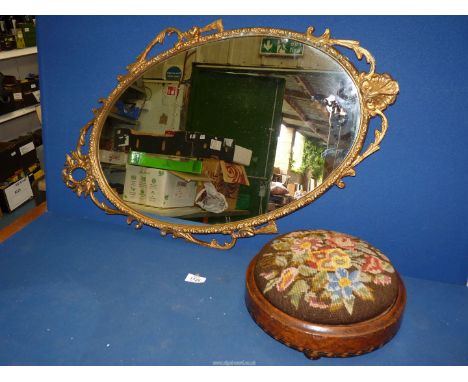 A 19th century Walnut frame circular footstool with tapestry top on pill feet, 11" diameter plus a 20th century Adams style m