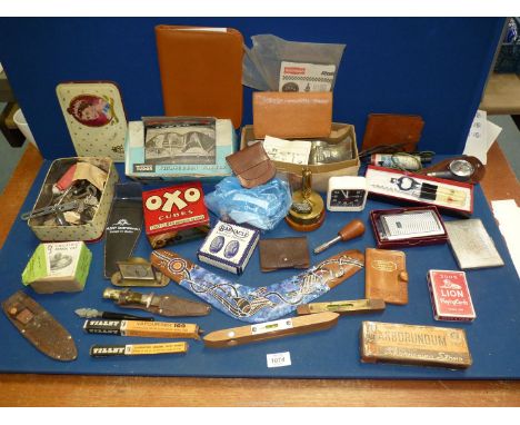 A quantity of miscellanea including vintage car accessories, small levels, cigarette case, large Mosda Streamline lighter, wa