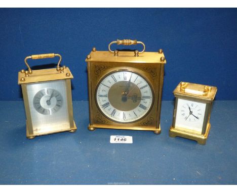 Three quartz, brass cased carriage Clocks including London Clock Company, Quartzmaster and Estyma.