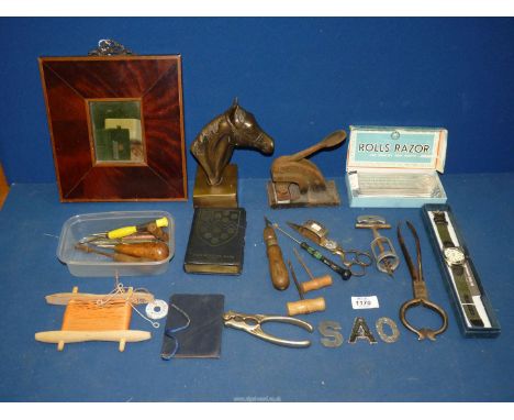 A quantity of miscellanea including 1930's desk seal, candle snuffer, Georgian sugar cutters, Alpine army watch, etc.