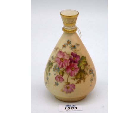 A Royal Worcester Blush Ivory bud vase, back stamp 1091 with hand painted flowers, date mark for 1912, 6" tall.