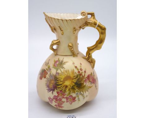 A Royal Worcester Blush Ivory ewer, back stamp 1507, date 1902 with tree trunk style handle, one chip to rim, dated for 1902,