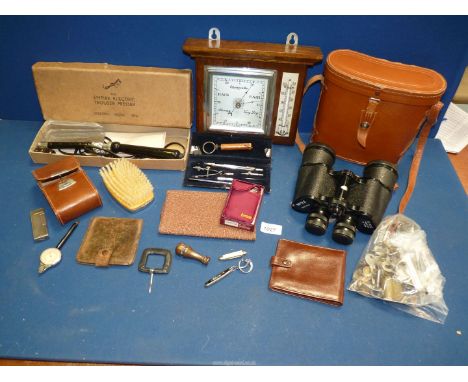 A quantity of miscellanea including a pair of Nipole 10 x 50 binoculars, wall hanging barometer/thermometer, drawing instrume