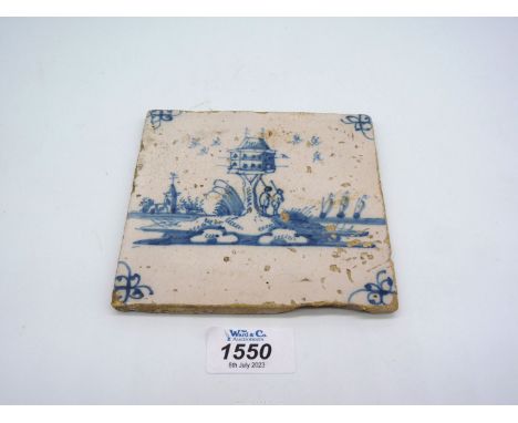 A rare Dutch Delft tile painted with a dove cote, mid-18th century, some pitting, 5 1/4" x 5".