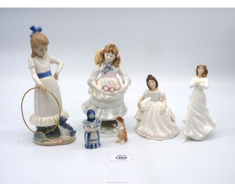 A small quantity of china figures including Nao girl with hoop (loose hoop), Coalport 'Childhood Joys', Royal Doulton 'Forget