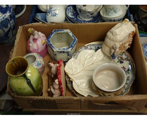 A quantity of china including Carltonware plate, cherub plaque, crinoline lady trinket pot, etc.