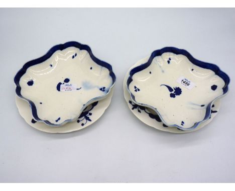 Two Caughley dishes in quatrefoil shape with incomplete decoration plus two similar plates.