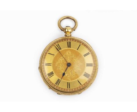 An open face fob watch, the floral and foliate engraved dial with black Roman numerals and blued steel hands, to a key wind m