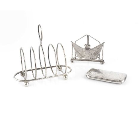 A late Victorian silver menu holder, modelled as draped flags, by William Hutton &amp; Sons Ltd, London 1894, 8cm wide, toget