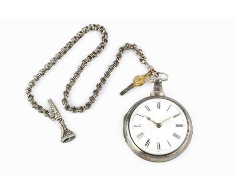 A silver pair case pocket watch, the circular white dial with black Roman numerals and outer minute scale, to a key wind verg