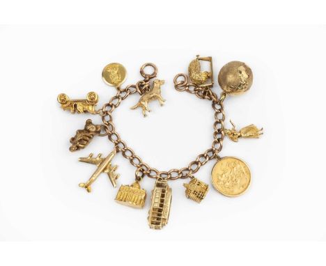 A charm bracelet, the curb-link bracelet stamped '9 .375', suspending a collection of gold and yellow metal charms and pendan