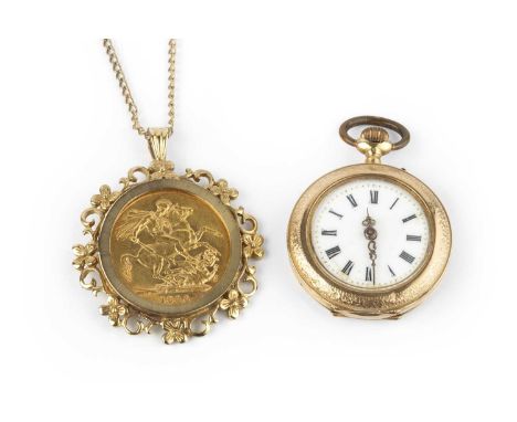 A sovereign pendant on chain, the Victoria sovereign dated 1886, in a later 9ct gold pendant mount decorated with flowerheads