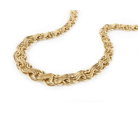 A fancy-link collar necklace, designed as a series of graduated and part-textured crossover links, two colour precious metal 