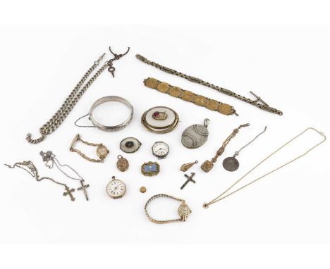 A collection of antique and later jewellery, comprising a lady's 9ct gold cased bracelet watch, the dial signed Roamer, an op