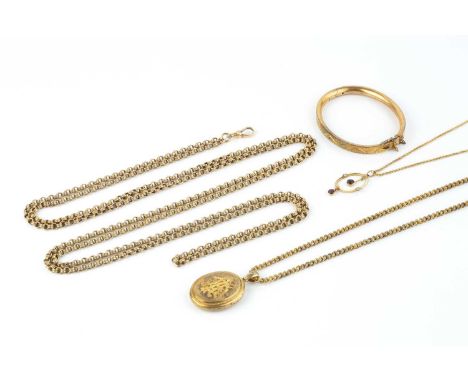 A collection of 19th century and later jewellery, comprising a yellow precious metal fancy-link long chain, with ropetwist de