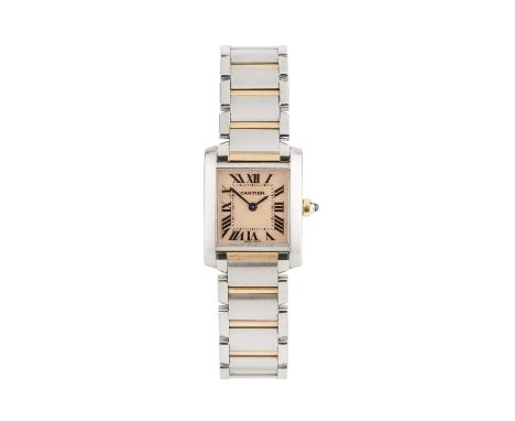 A lady's bi-colour 'Tank Française' bracelet watch by Cartier, the rectangular mother of pearl dial with black Roman numerals