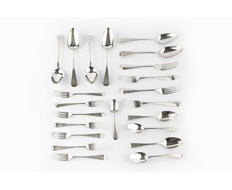 A matched part service of Georgian silver old English pattern flatware, comprising 6 table spoons, 4 table forks, 4 dessert s