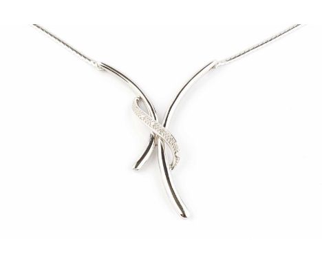 A diamond set pendant necklace, the crossover pendant highlighted with a ribbon of six single-cut diamonds, on a flattened-li