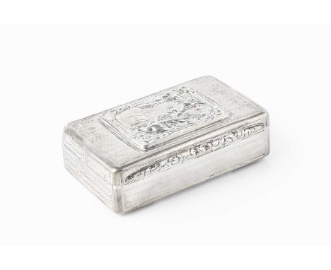 A George IV silver snuff box, the lid with relief plaque of a gundog flushing a pheasant in a landscape, and with engine turn