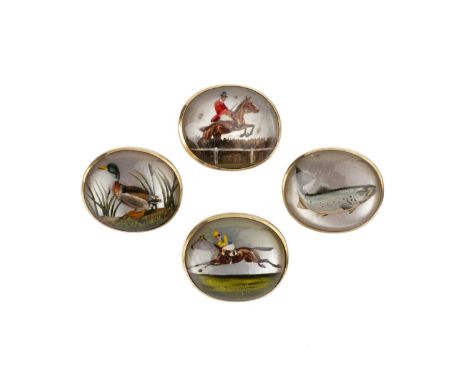 A set of four late 19th/early 20th century reverse carved intaglio buttons, each oval cabochon intaglio carved and painted to