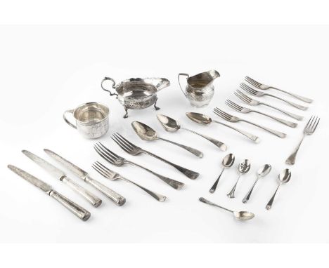 A collection of silver, comprising a late Victorian sauce boat, with scroll handle and pad feet, London 1896, a cream jug wit