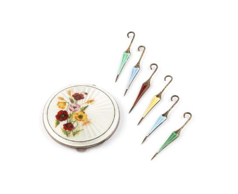 A set of six silver and vari-coloured enamel novelty cocktail sticks, in the form of umbrellas, by Adie Bros Ltd, Birmingham 