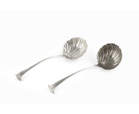 An early George III silver onslow pattern sauce ladle, with scalloped bowl, by Thomas Dene, London 1766, and another very sim