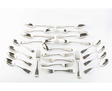 A part service of mid Victorian Scottish silver fiddle pattern flatware, comprising 8 table spoons, 8 dessert spoons and a sa