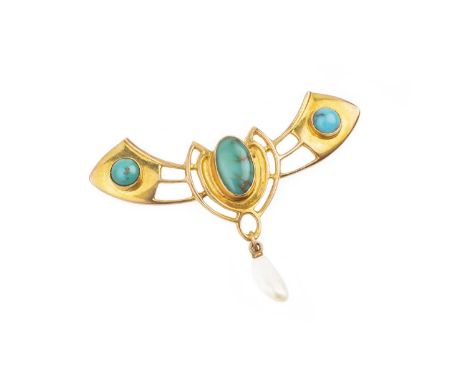 An Arts and Crafts turquoise and baroque pearl brooch, the openwork winged panel of stylised geometric design, highlighted wi