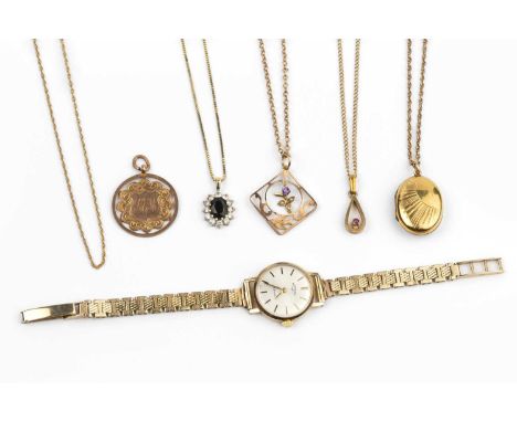 A collection of jewellery, comprising a lady's 9ct gold bracelet watch, the circular silvered dial with baton markers, signed